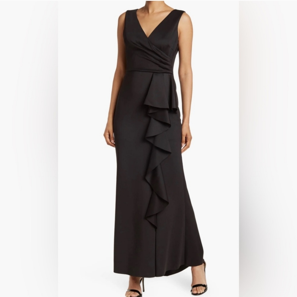 Jessica Howard Black Sleeveless Gown with Ruffle Accent